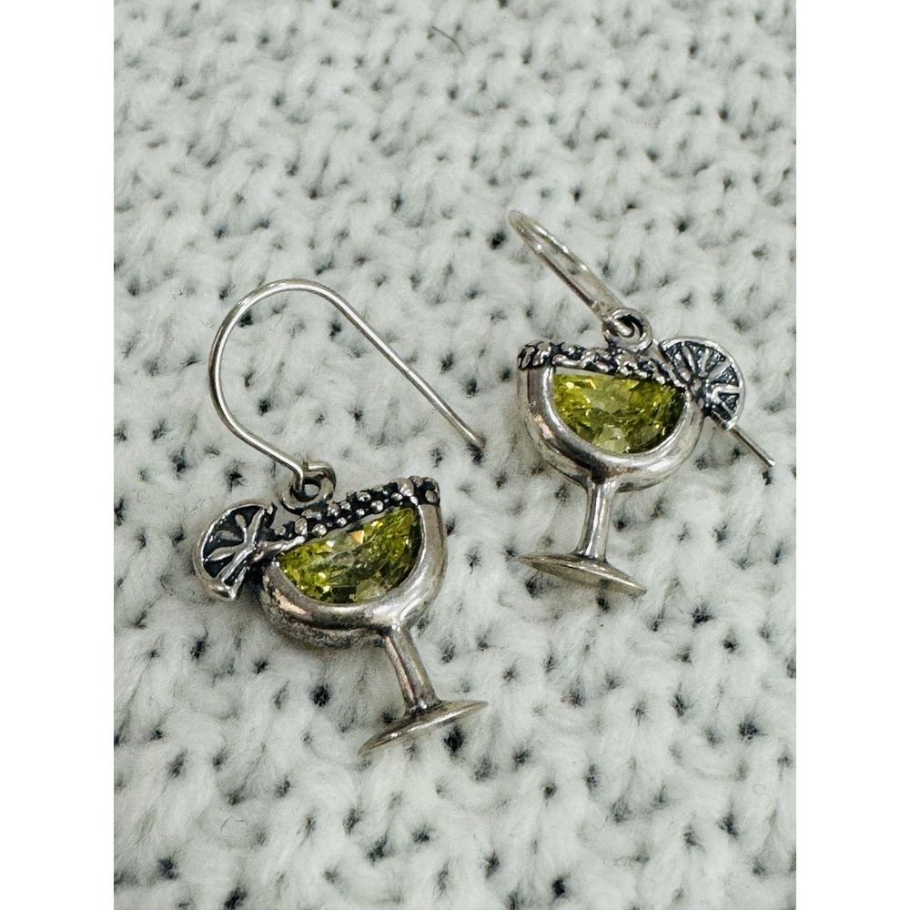 S925 Sterling Silver Lime Margarita Glass Cocktail Dangle Drop Earrings